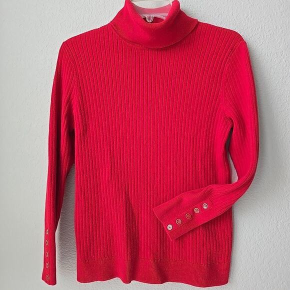 Talbots Sweaters - Talbots Ribbed Button-Cuff Turtleneck Sweater Size Medium‎ Red 5 Button Gold